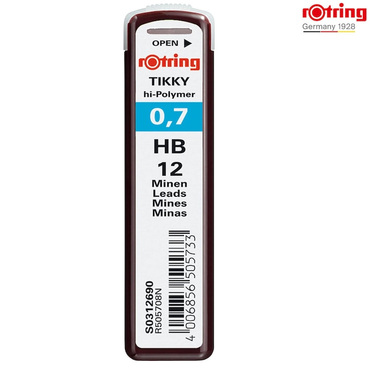 Set 12 mine creion 0.7mm HB cu Rezistenta Extra la Rupere, pentru Scriere Confortabila si Notite, in Etui Protector Rotring