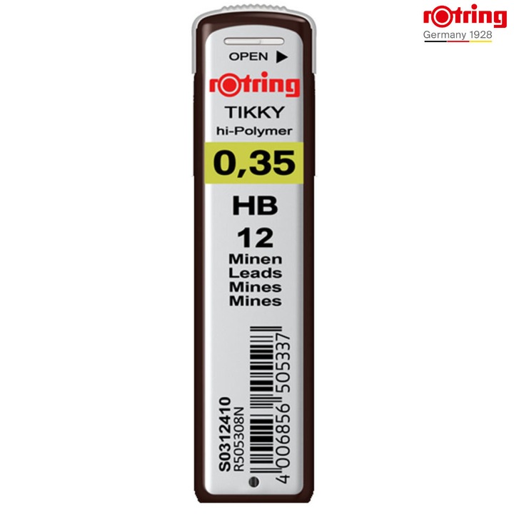 Set 12 mine creion 0.35mm HB cu Rezistenta Extra la Rupere, pentru Desen Tehnic Extrem de Precizie, in Etui Protector Rotring