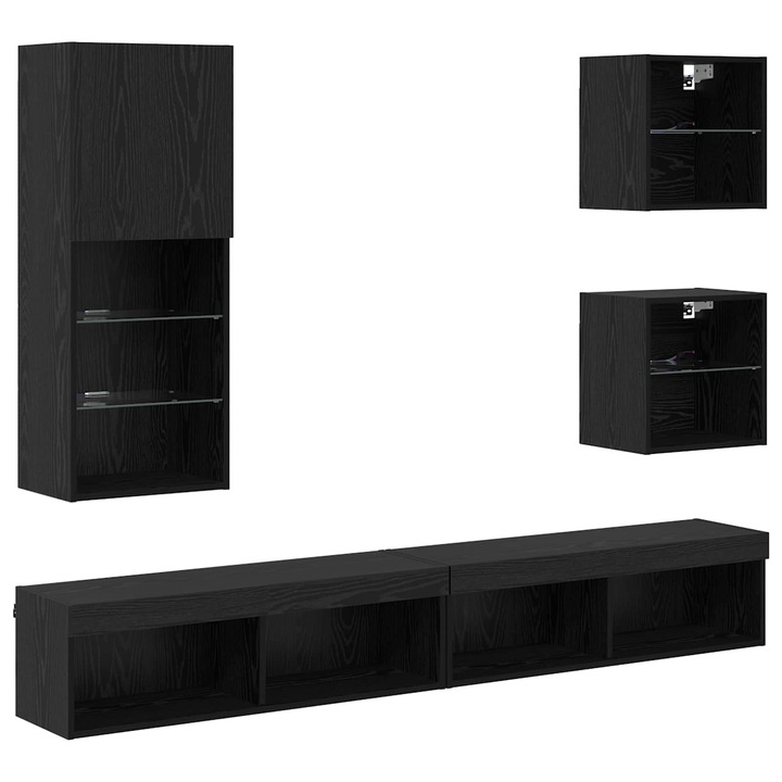 Set unități TV de perete cu LED 5 pcs, Stejar Negru, 100x30x30cm