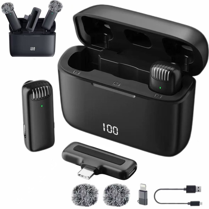 Безжичен микрофон Lavalier, USB Type-C, шумопотискане, кутия за зареждане, 30 часа живот на батерията, подходящ за подкасти, видео блогове, интервюта, TikTok, YouTube, plug and play, универсална свързаност, черен