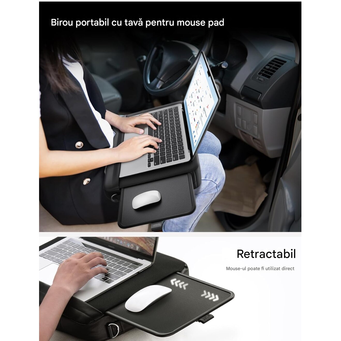 Geanta Laptop 2-in-1 cu Birou Portabil Integrat, Laptop 15,6”, Tava Retractabila pentru Mouse, Ergonomica, Buzunare Laterale, Material Moale si Respirabil, Piele PU, Usoara, Portabila, Negru, SALENDRO