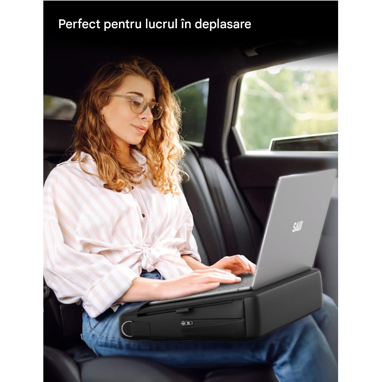 Geanta Laptop 2-in-1 cu Birou Portabil Integrat, Laptop 15,6”, Tava Retractabila pentru Mouse, Ergonomica, Buzunare Laterale, Material Moale si Respirabil, Piele PU, Usoara, Portabila, Negru, SALENDRO