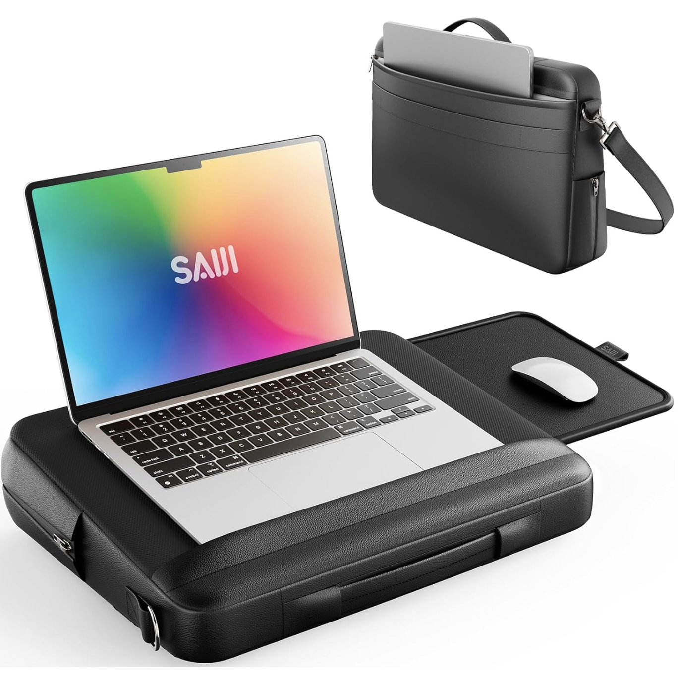 Geanta Laptop 2-in-1 cu Birou Portabil Integrat, Laptop 15,6”, Tava Retractabila pentru Mouse, Ergonomica, Buzunare Laterale, Material Moale si Respirabil, Piele PU, Usoara, Portabila, Negru, SALENDRO