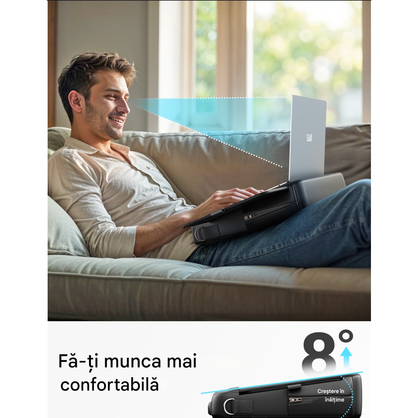 Geanta Laptop 2-in-1 cu Birou Portabil Integrat, Laptop 15,6”, Tava Retractabila pentru Mouse, Ergonomica, Buzunare Laterale, Material Moale si Respirabil, Piele PU, Usoara, Portabila, Negru, SALENDRO