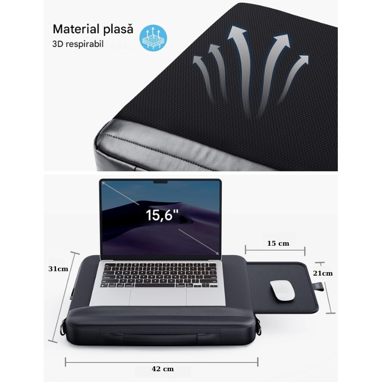 Geanta Laptop 2-in-1 cu Birou Portabil Integrat, Laptop 15,6”, Tava Retractabila pentru Mouse, Ergonomica, Buzunare Laterale, Material Moale si Respirabil, Piele PU, Usoara, Portabila, Negru, SALENDRO