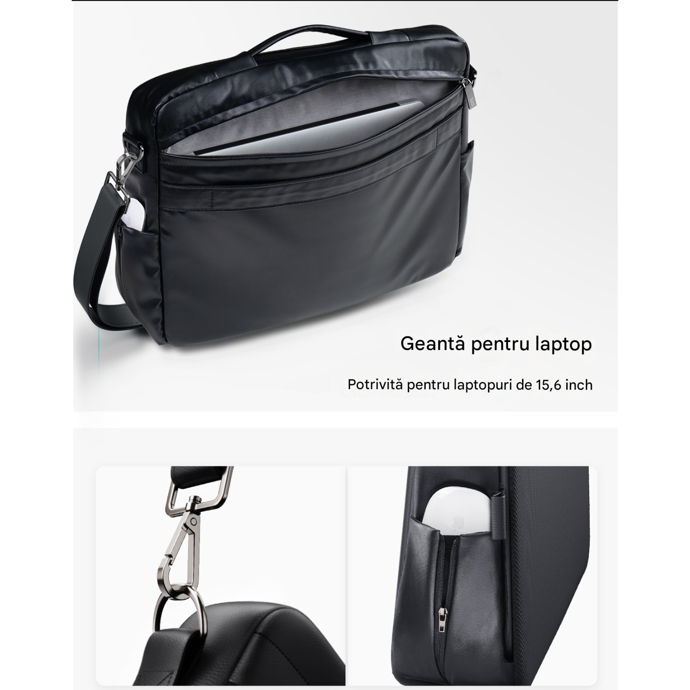 Geanta Laptop 2-in-1 cu Birou Portabil Integrat, Laptop 15,6”, Tava Retractabila pentru Mouse, Ergonomica, Buzunare Laterale, Material Moale si Respirabil, Piele PU, Usoara, Portabila, Negru, SALENDRO