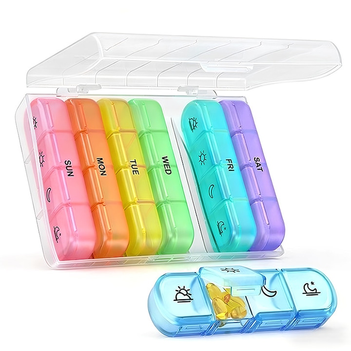 Cutie de depozitare medicamente pentru 7 zile, 28 compartimente, material de calitate alimentara, recipiente detasabile, rezistenta la umiditate, compacta si portabila, 15.6×12×4.2cm, pentru deplasari/calatorii, multicolor