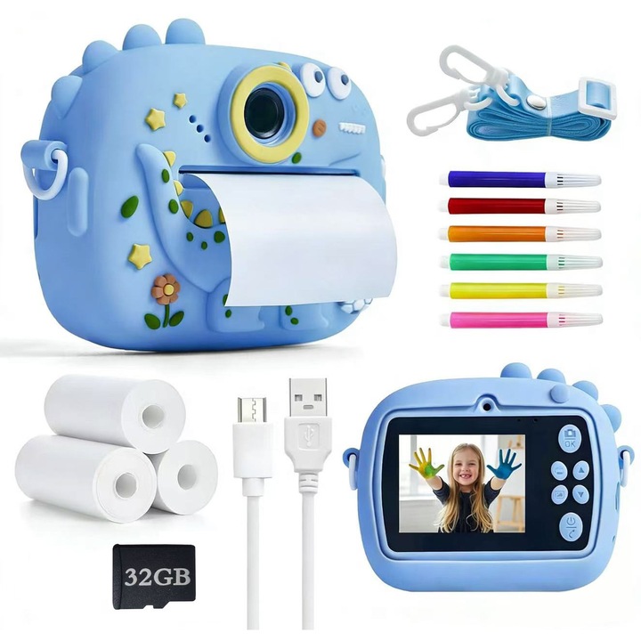 Azonnali fényképezőgép gyerekeknek dinoszaurusz szilikon tokkal, HD 1080P digitális videokamera, nyomtatópapírral és SD kártyával, hordozható utazási játék fiúknak és lányoknak, kék
