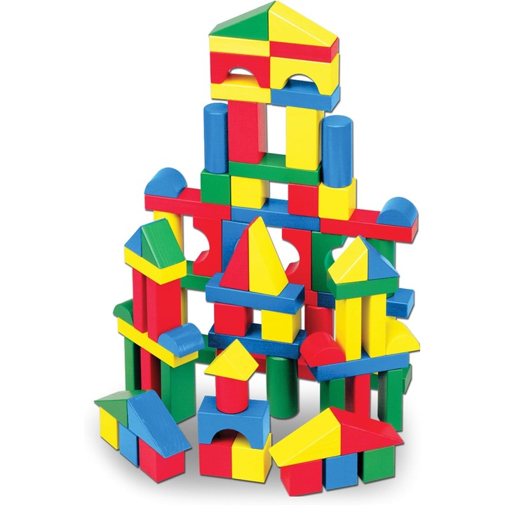 Set 100 cuburi din lemn pentru construcții, Melissa & Doug, 4 culori, 9 ...
