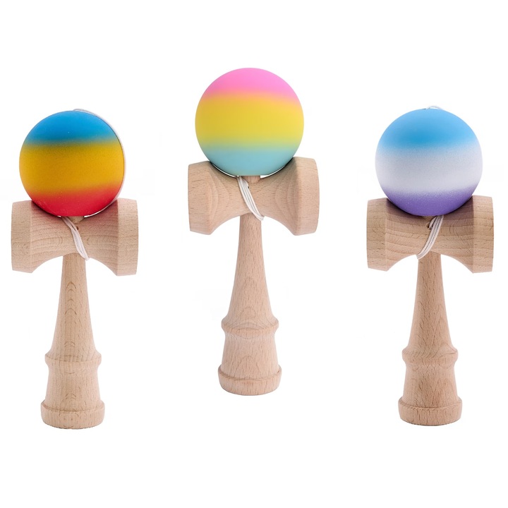 Set 3 Kendama profesionale din lemn de fag 18 cm, vopsea aderenta mata, Rainbow & Blue-Purple Gradient – echilibru perfect pentru trick-uri si antrenament