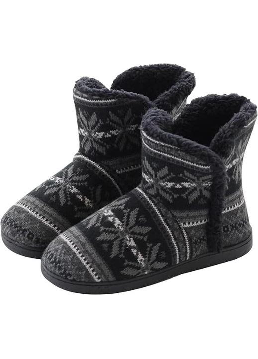 Papuci de Casa Unisex cu Exterior Tricotat Modern, Captuseala Plusata Calduroasa, Talpa din Cauciuc Antiderapant, Slip-On, Toc Plat 2 cm, Gri, Marimea 38-39 EU