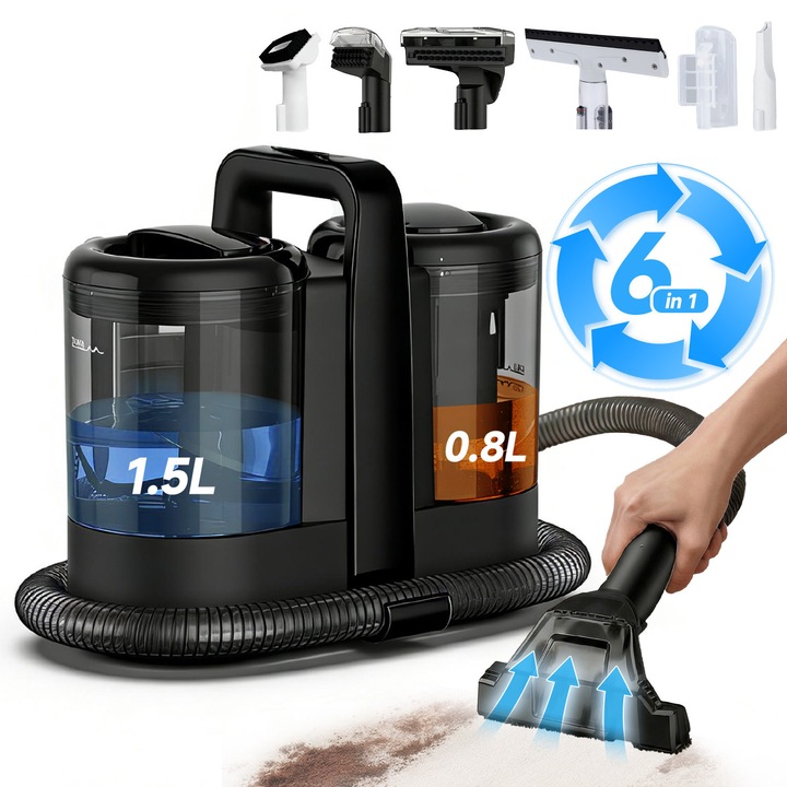 Aspirator cu spalare Nawaza W07, putere aspirare 15kpa, rezervor apa & detergent 1.5L, rezervor apa murdara 0.8L, accesoriu spatii inguste & incaltaminte, neagra, 750W