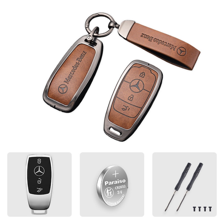 Husa cheie premium Mercedes-Benz (3 butoane) – carcasa aliaj zinc cu insertie texturata tip piele, breloc metalic, protectie anti-zgarieturi, metal bronz + piele maro, cadou baterie CR2032