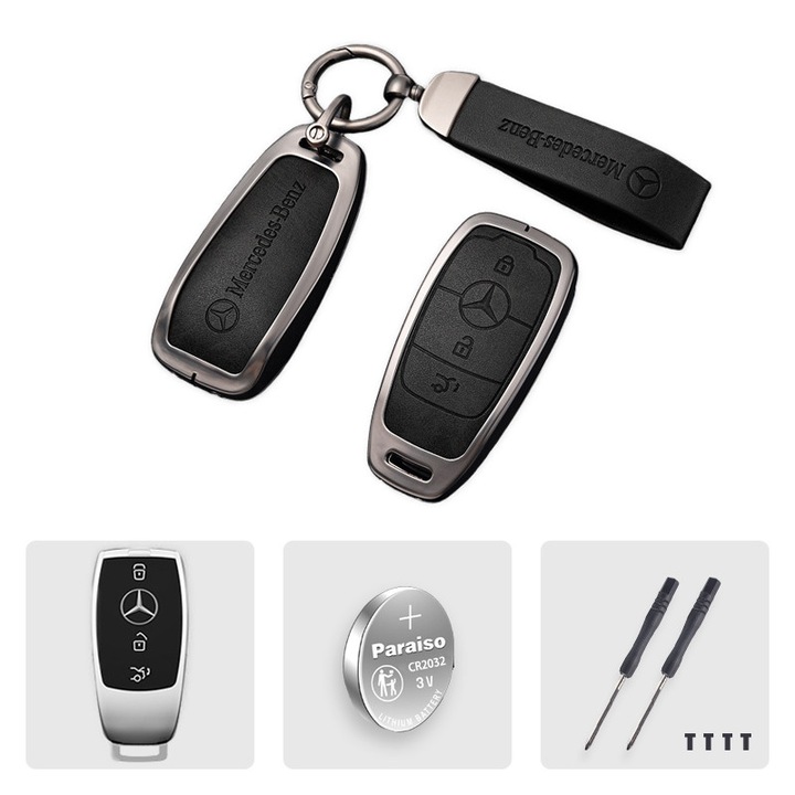 Премиум калъф за ключ Mercedes-Benz (3 бутона) – корпус от цинкова сплав с текстурирана кожена вложка, метален ключодържател, защита против надраскване, бронзов метал + черна кожа, подарък батерия CR2032