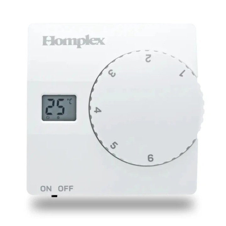 Termostat de ambient pentru centrala, cu fir, Homplex 816, 2 x AA, 230 V, afisaj digital, IP42, alb