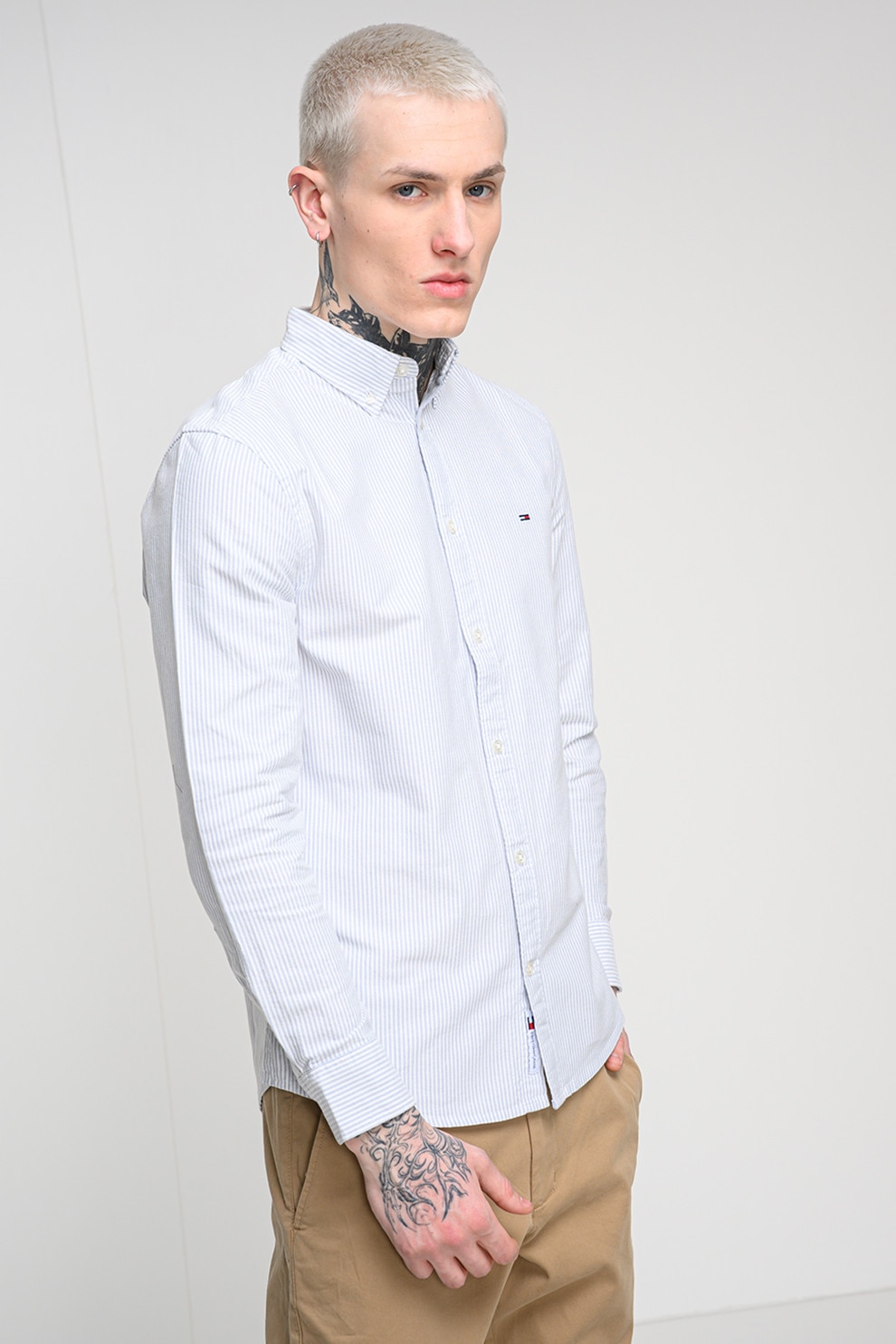 Tommy Jeans, Camasa slim fit cu model in dungi, Alb, Bleumarin, XXL