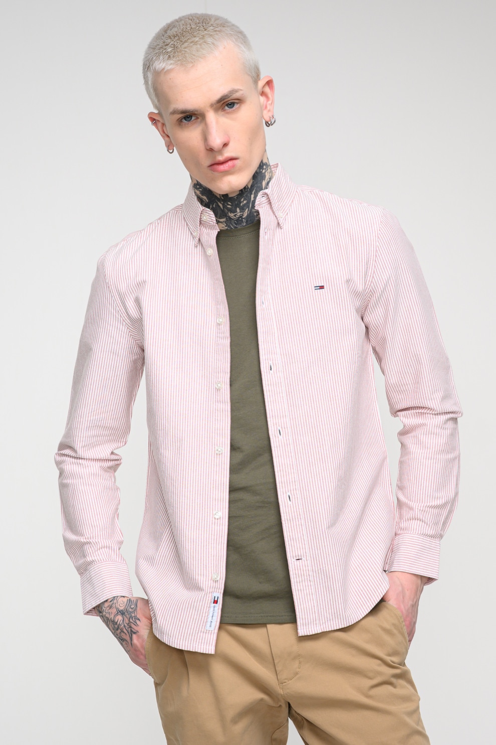 Tommy Jeans, Camasa slim fit cu model in dungi, Alb, Roz, XL