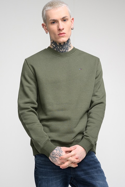 Tommy Jeans, Bluza de trening cu decolteu la baza gatului si logo discret, Verde