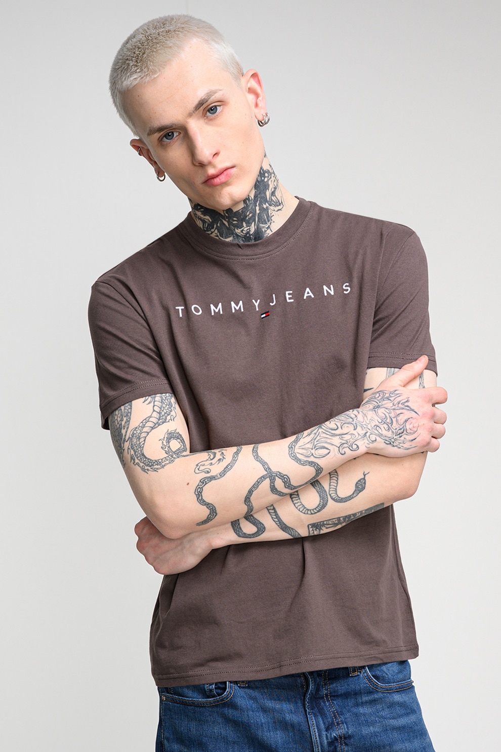 Tommy Jeans, Tricou din bumbac cu logo brodat, Maro inchis, XXL