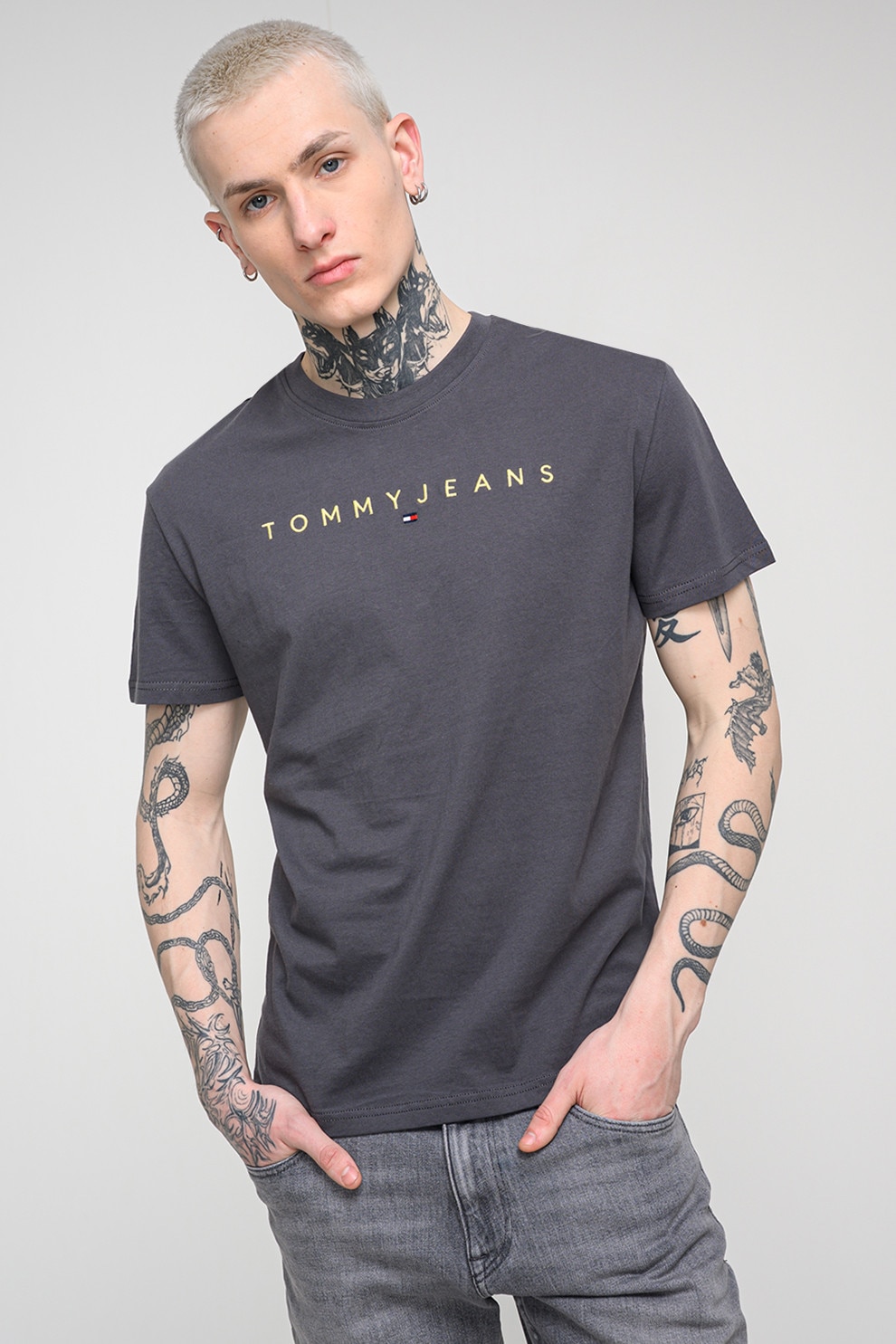 Tommy Jeans, Tricou din bumbac cu logo brodat, Galben, Gri inchis, XXL