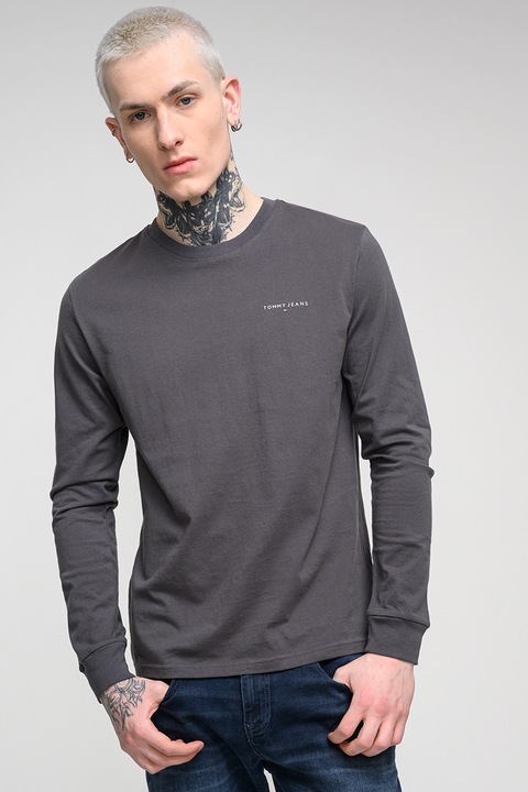 Tommy Jeans, Bluza slim fit cu decolteu la baza gatului, Negru stins