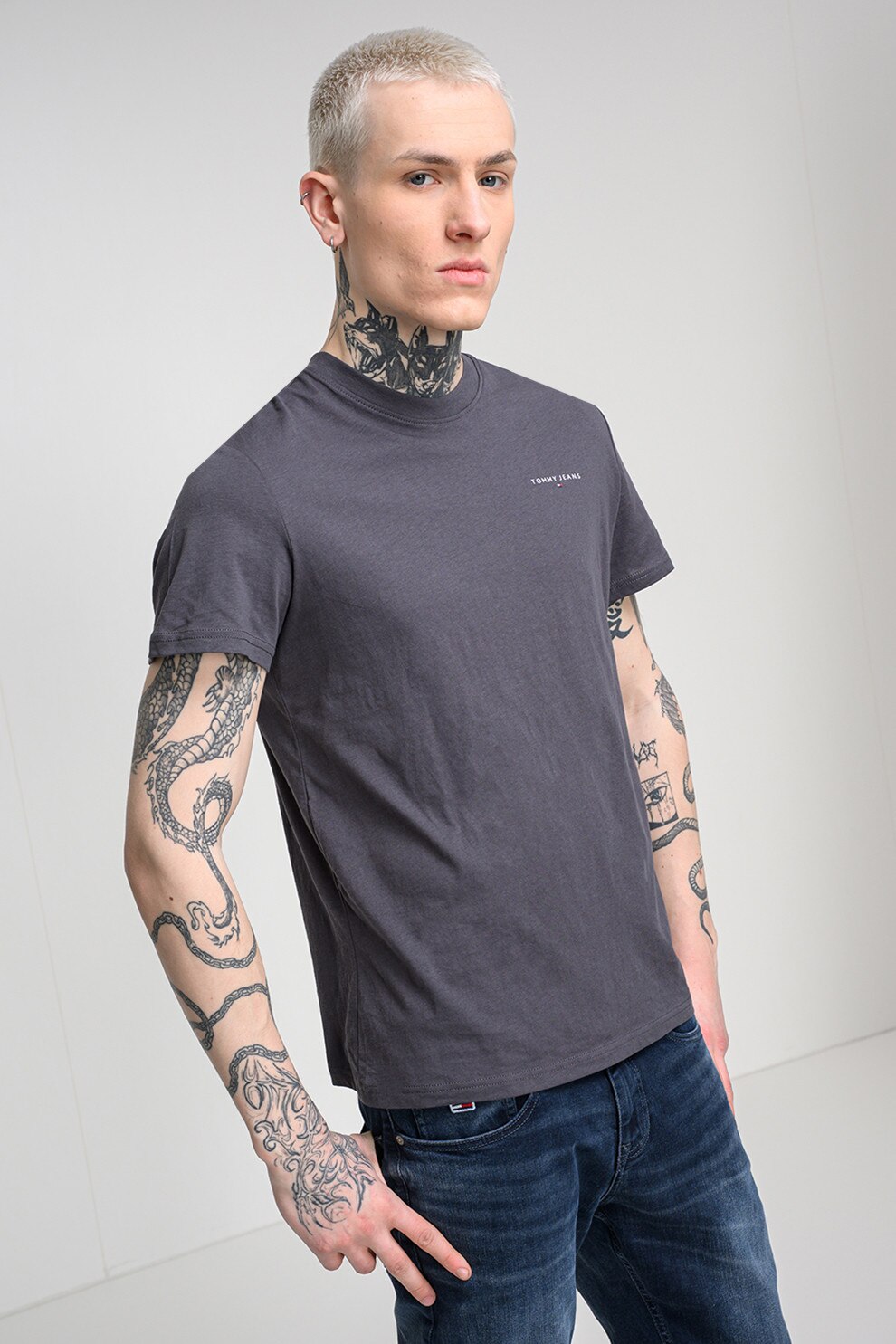 Tommy Jeans, Tricou slim fit cu logo, Gri inchis, XL