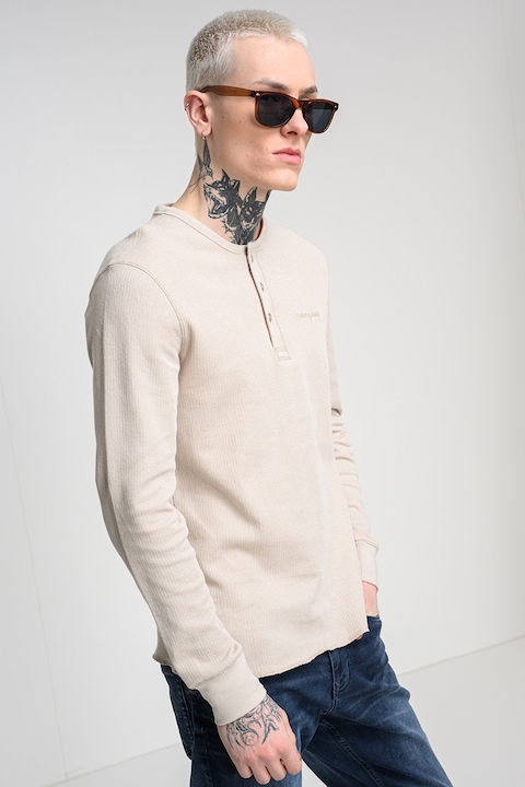 Tommy Jeans, Bluza slim fit cu decolteu henley, Bej