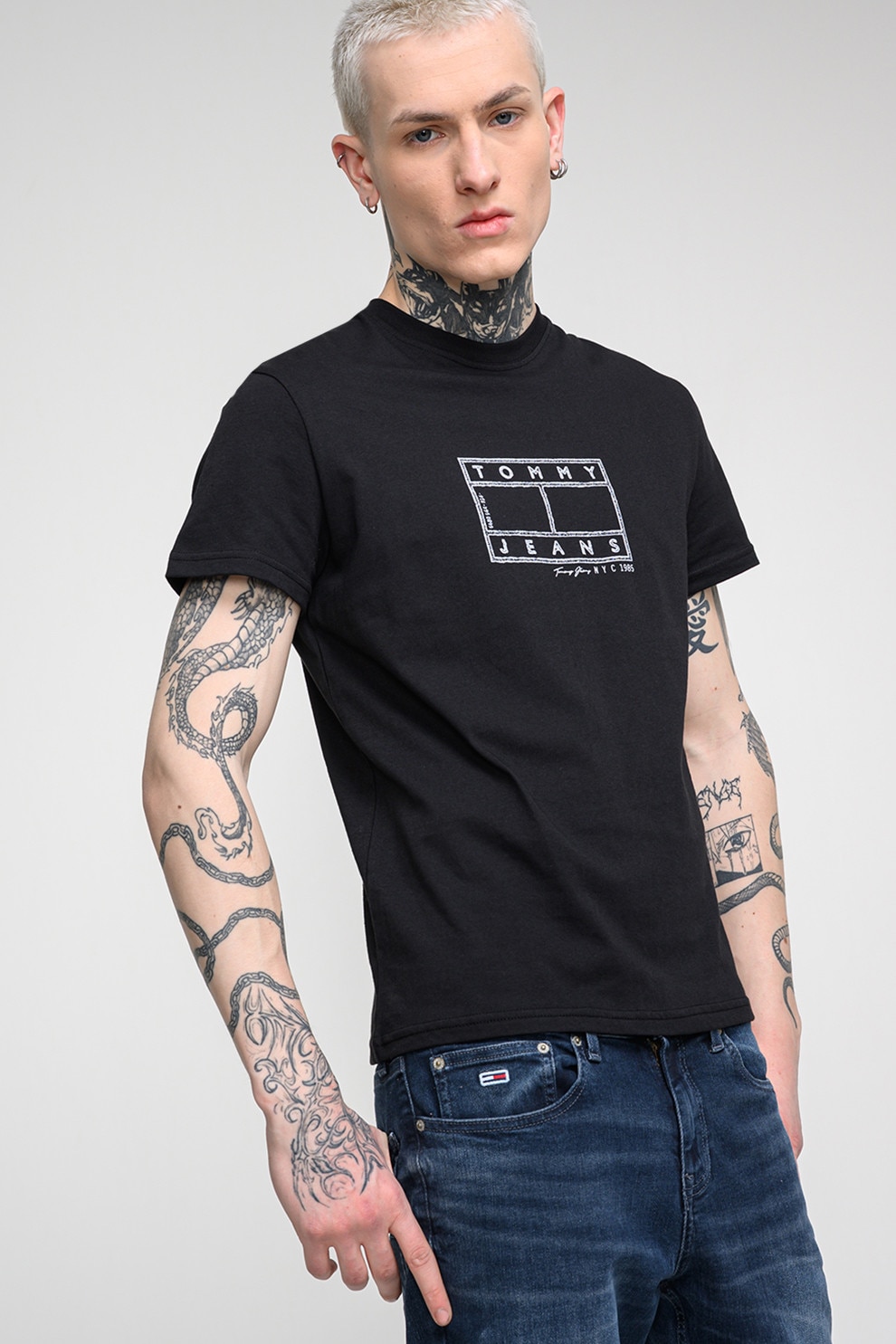 Tommy Jeans, Tricou de bumbac cu logo, Negru, L