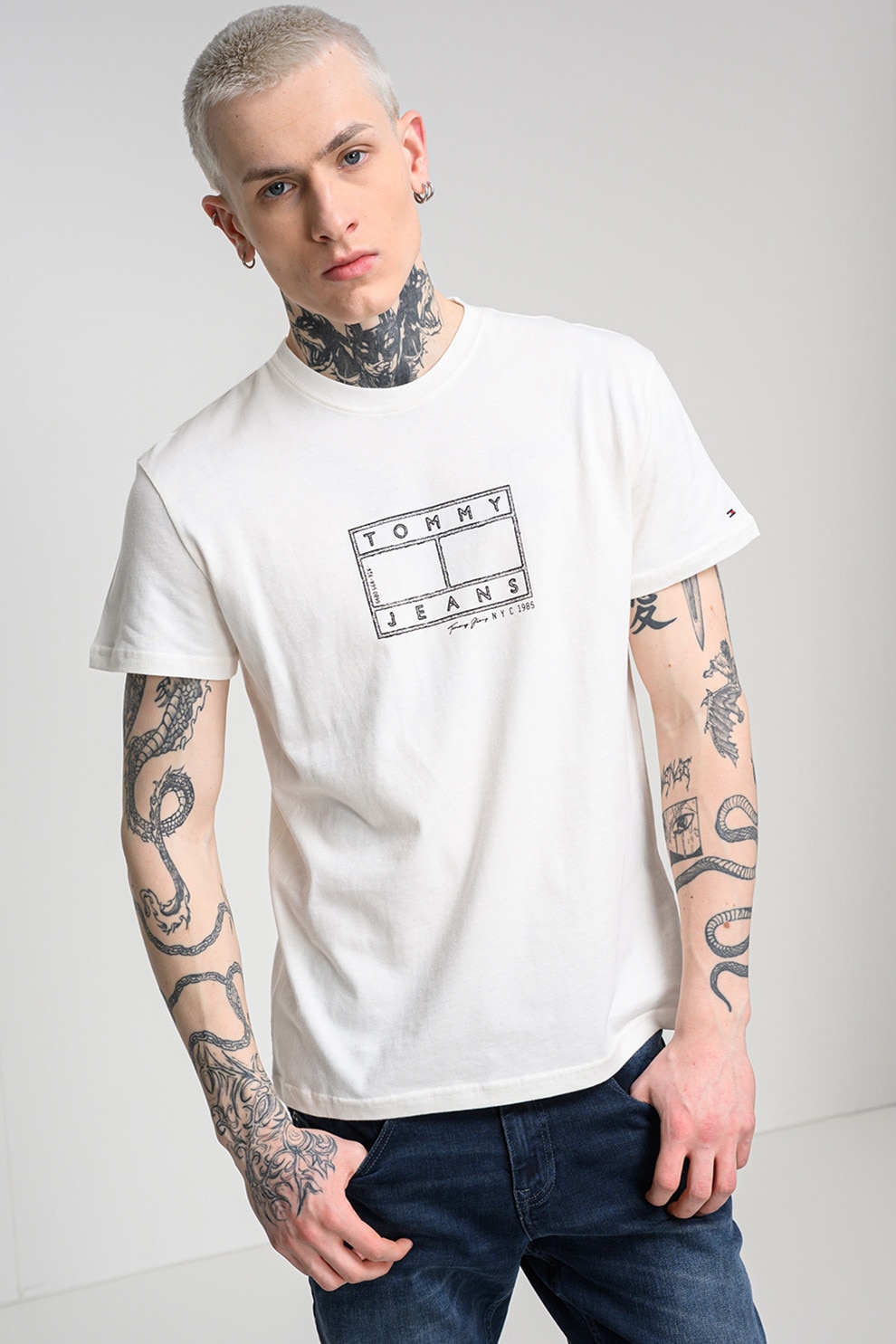 Tommy Jeans, Tricou de bumbac cu logo, Alb, M