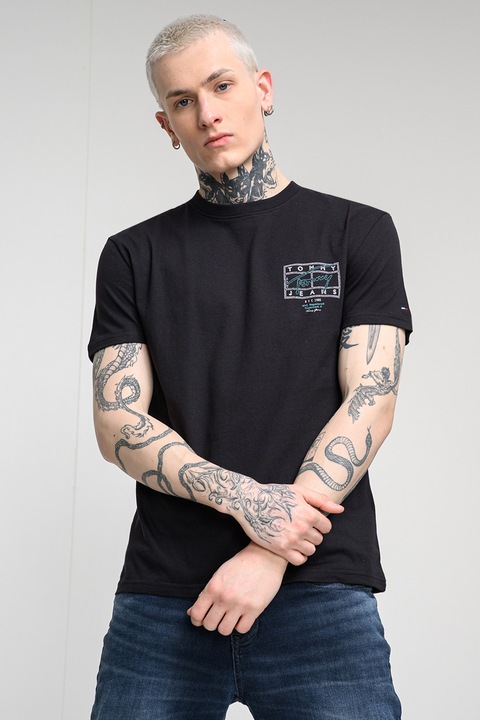 Tommy Jeans, Tricou cu imprimeu si decolteu la baza gatului, Negru