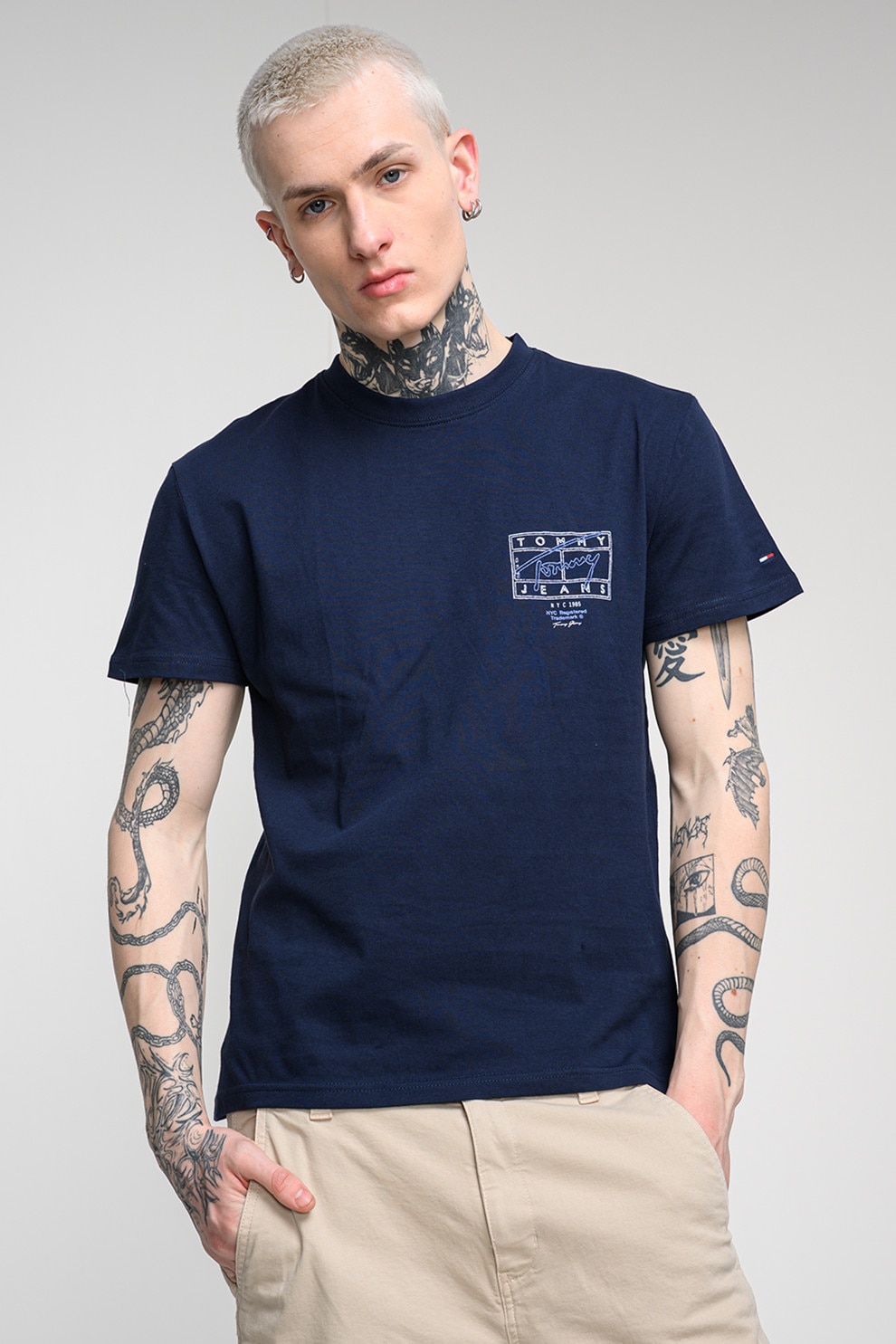 Tommy Jeans, Tricou cu imprimeu si decolteu la baza gatului, Bleumarin, S