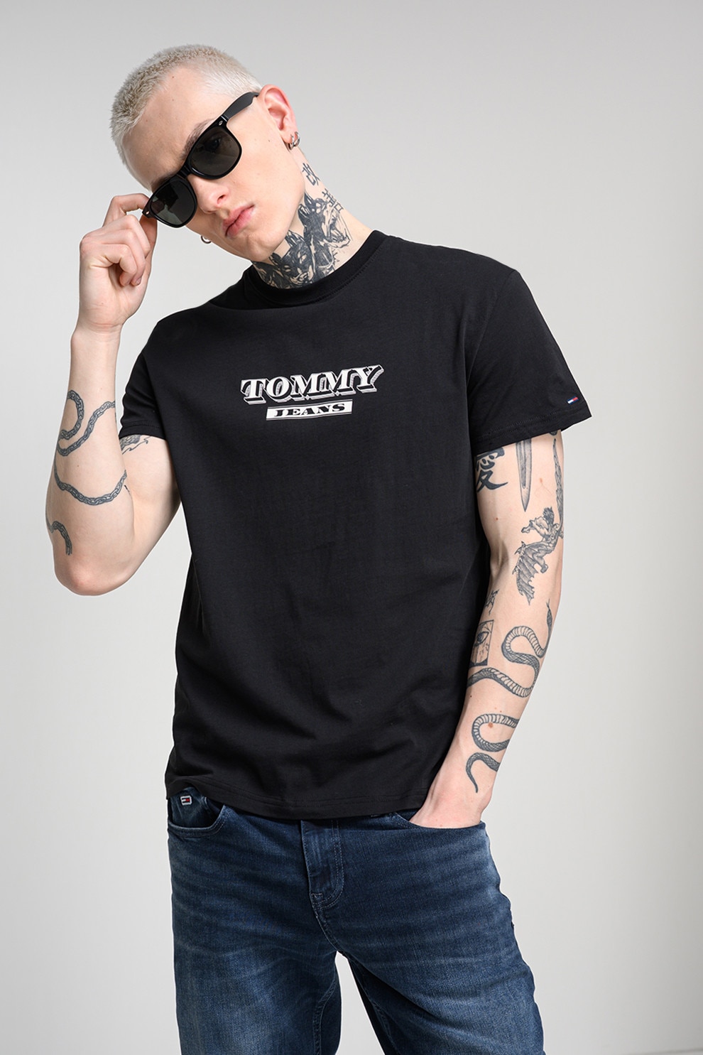 Tommy Jeans, Tricou de bumbac cu logo, Negru, S