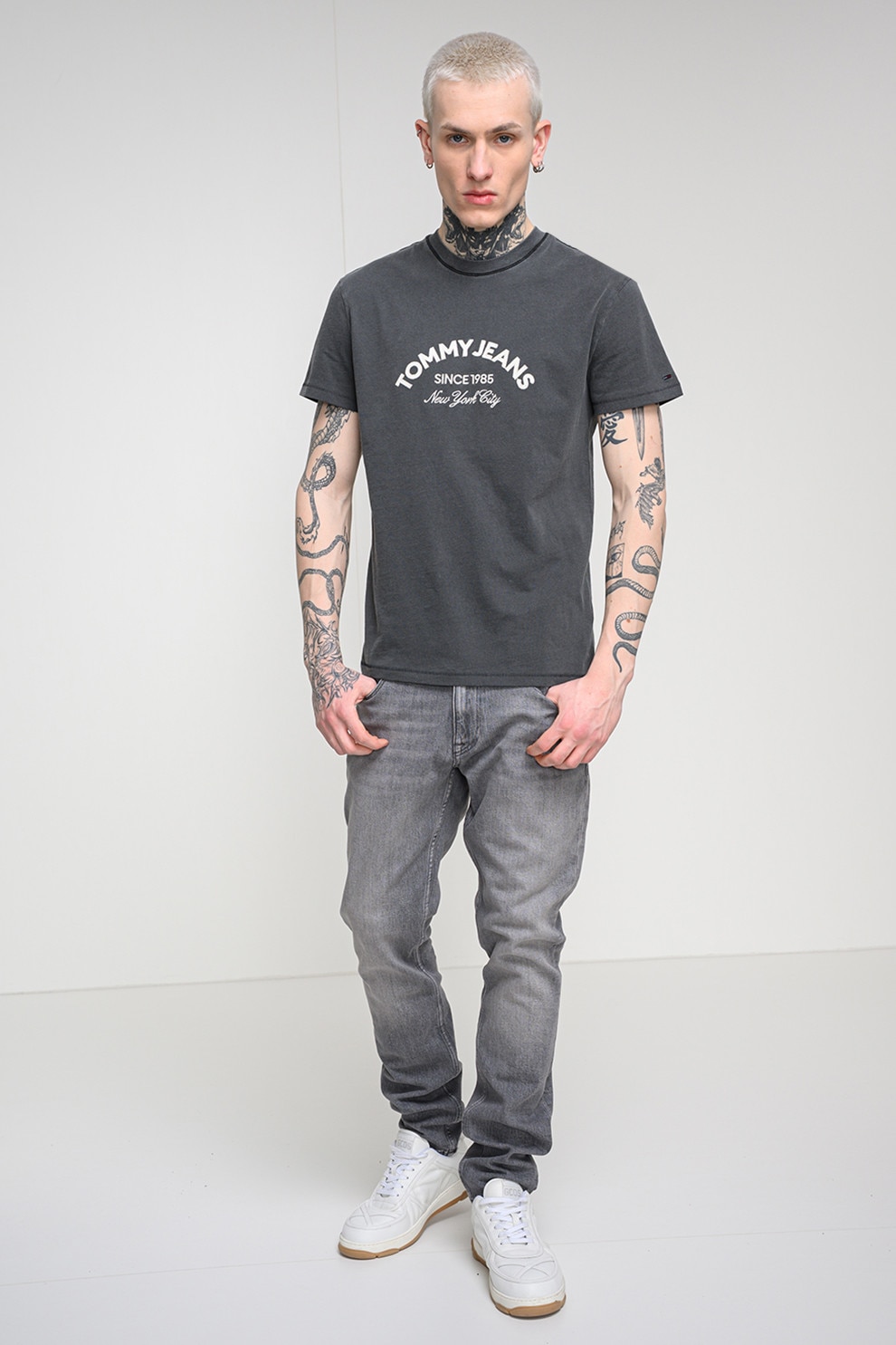 Tommy Jeans, Tricou de bumbac cu decolteu la baza gatului, Negru stins, S