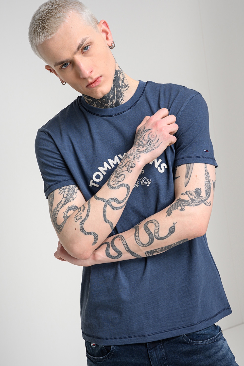 Tommy Jeans, Tricou de bumbac cu decolteu la baza gatului, Albastru prafuit, XL