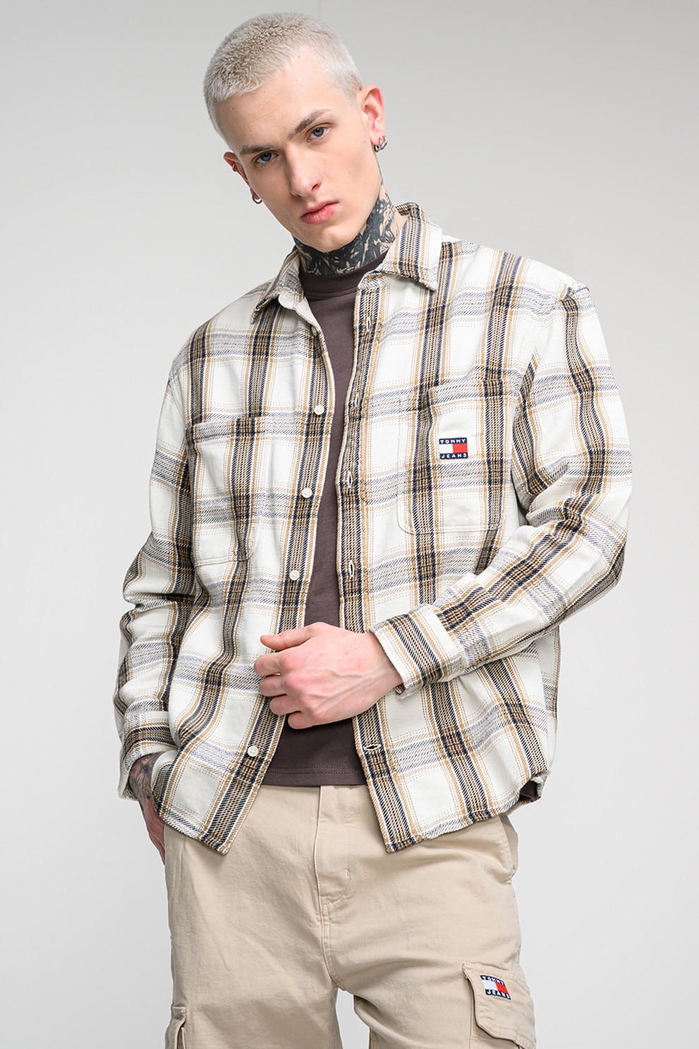 Tommy Jeans, Camasa relaxed fit in carouri, Verde, Negru, Crem, L
