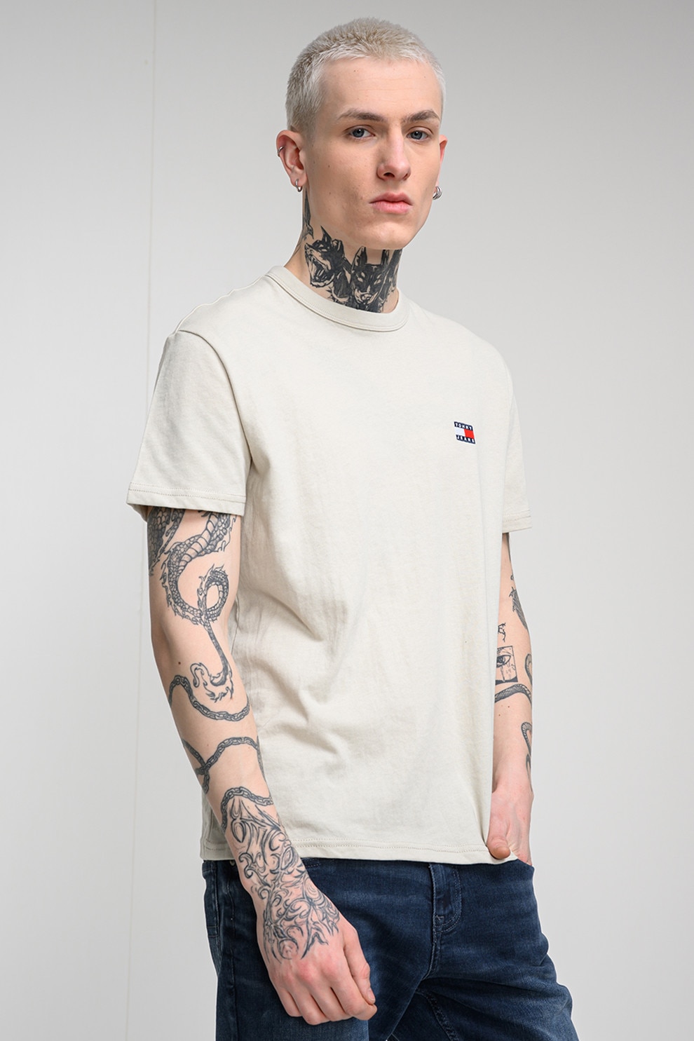 Tommy Jeans, Tricou regular fit de bumbac cu logo brodat, Bej deschis, S
