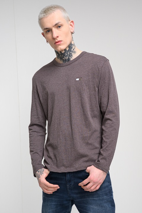 Tommy Jeans, Bluza regular fit cu logo discret pe piept, Maro melange