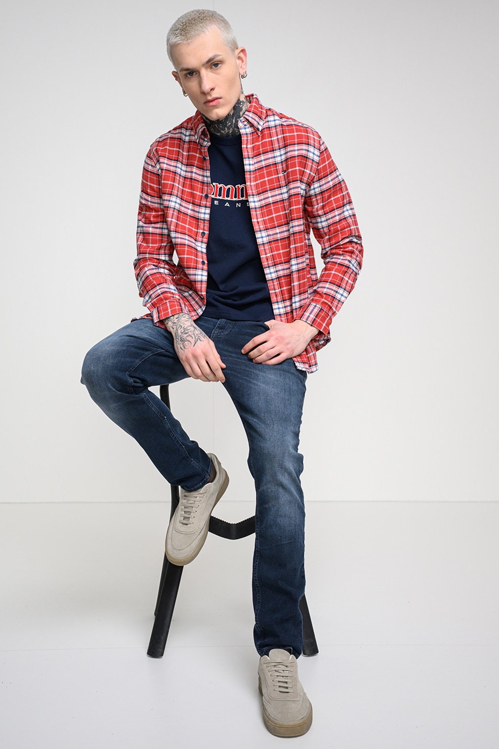 Tommy Jeans, Camasa regular fit in carouri, Rosu, Bleumarin, M