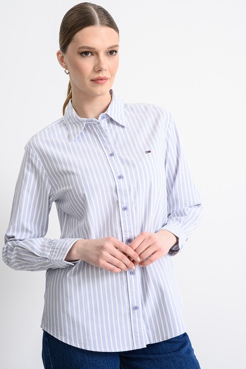 Tommy Jeans, Camasa din bumbac organic cu dungi, Alb/Liliac prafuit