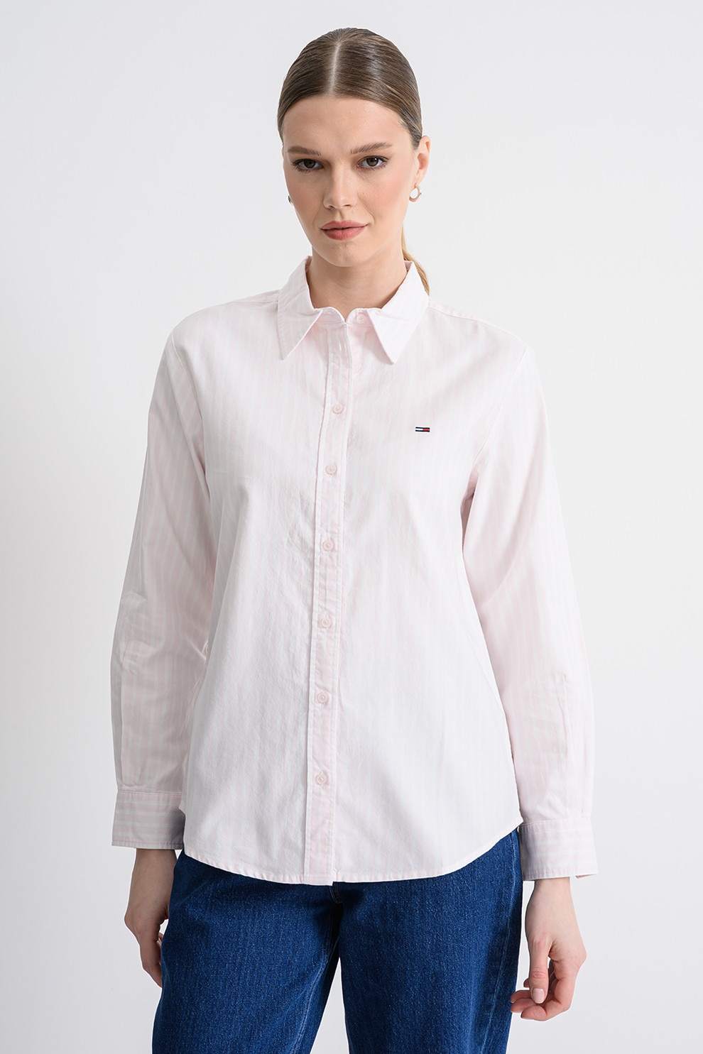 Tommy Jeans, Camasa din bumbac organic cu dungi, Alb, Roz pal, XS