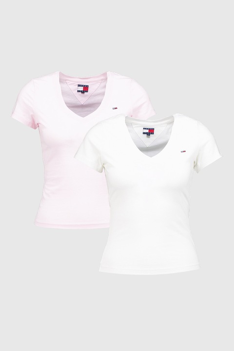 Tommy Jeans, Set de tricouri din bumbac cu decolteu in V - 2 piese, Alb/Roz deschis