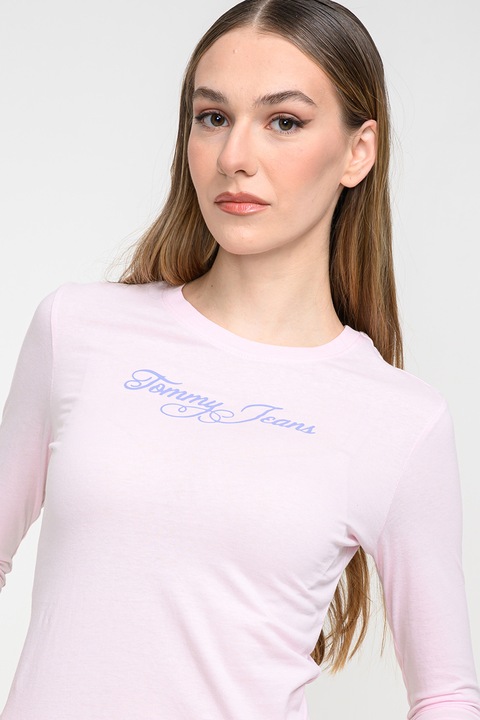 Tommy Jeans, Слим блуза с овално деколте, Светлорозов