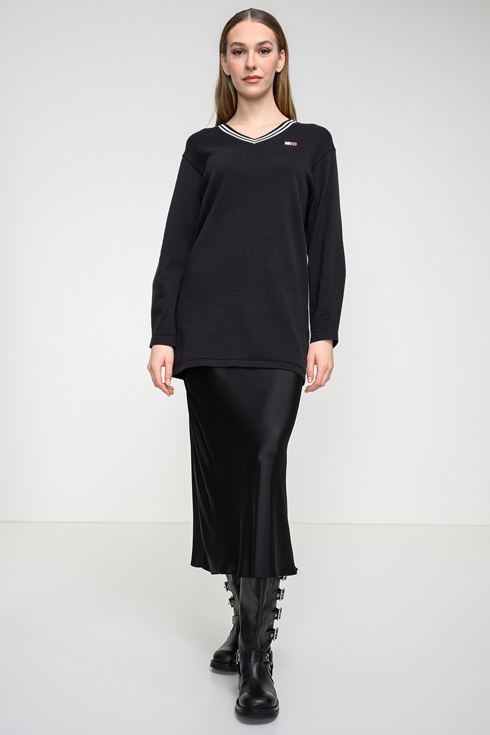 Tommy Jeans, Rochie-pulover cu decolteu in V, Negru, M