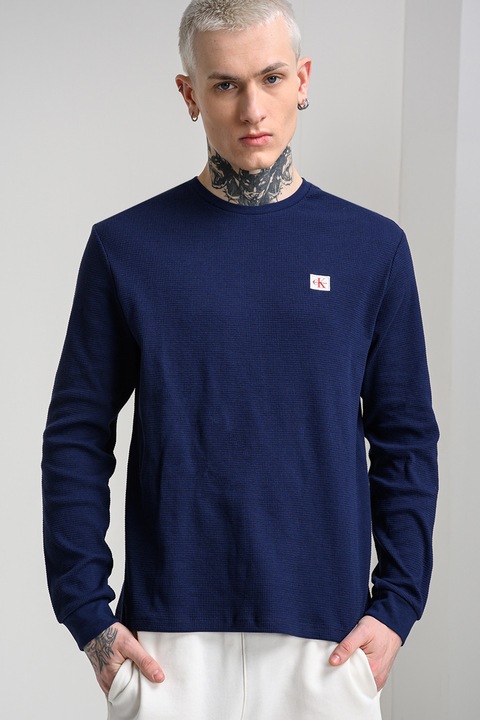 CALVIN KLEIN JEANS, Bluza cu decolteu la baza gatului, Albastru indigo