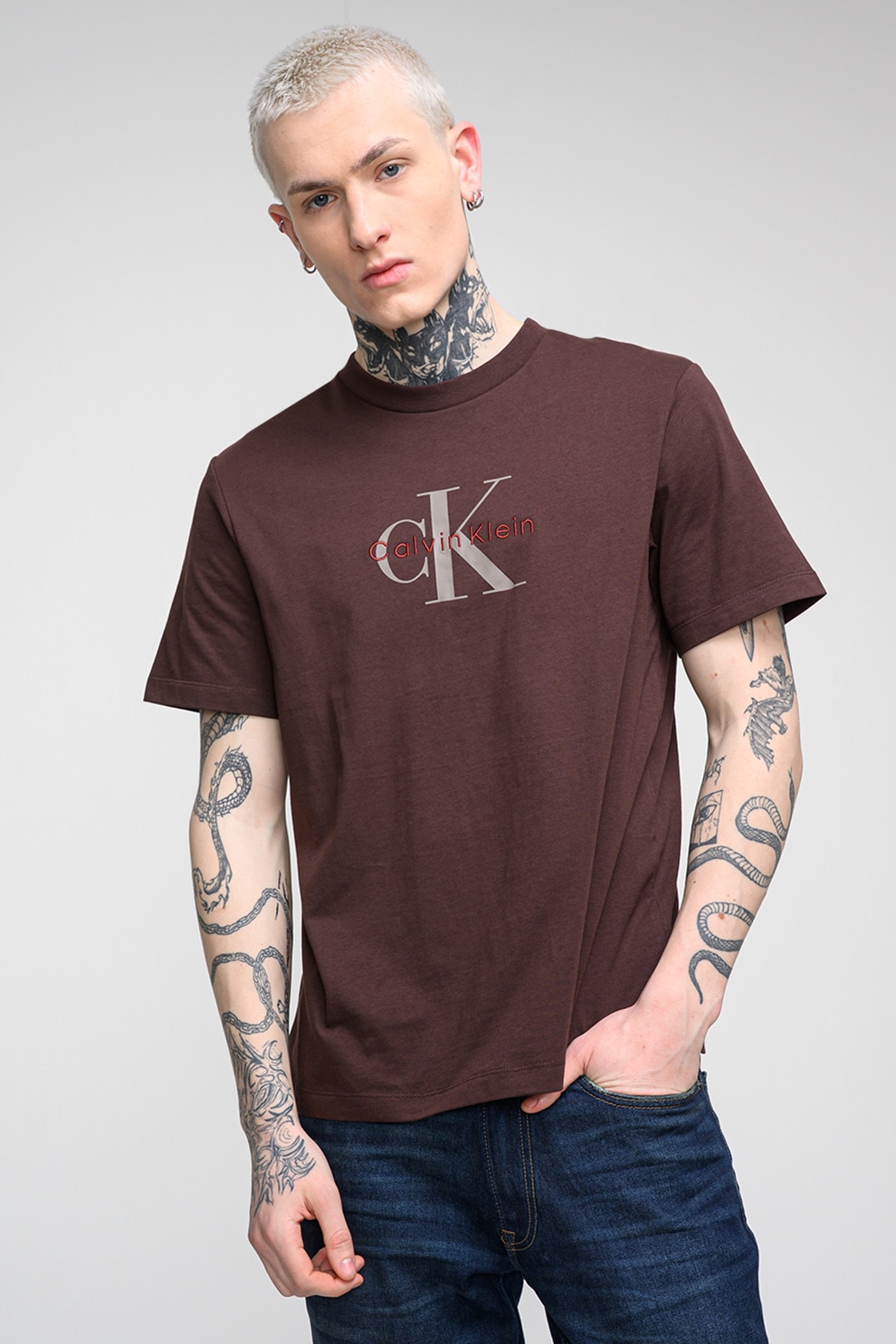 CALVIN KLEIN JEANS, Tricou din bumbac cu imprimeu logo, Maro inchis, M
