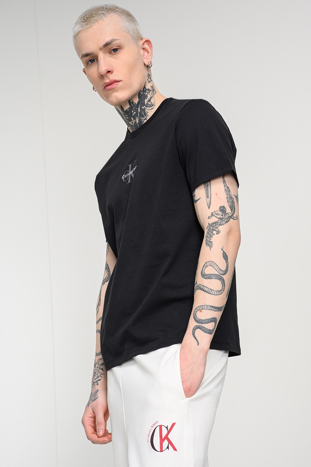 CALVIN KLEIN JEANS, Tricou cu decolteu la baza gatului si logo, Negru, L