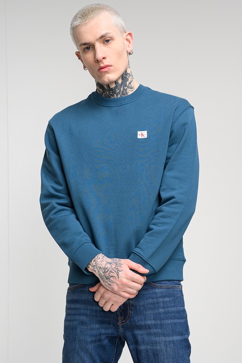 CALVIN KLEIN JEANS, Bluza de trening lejera cu decolteu la baza gatului, Albastru petrol