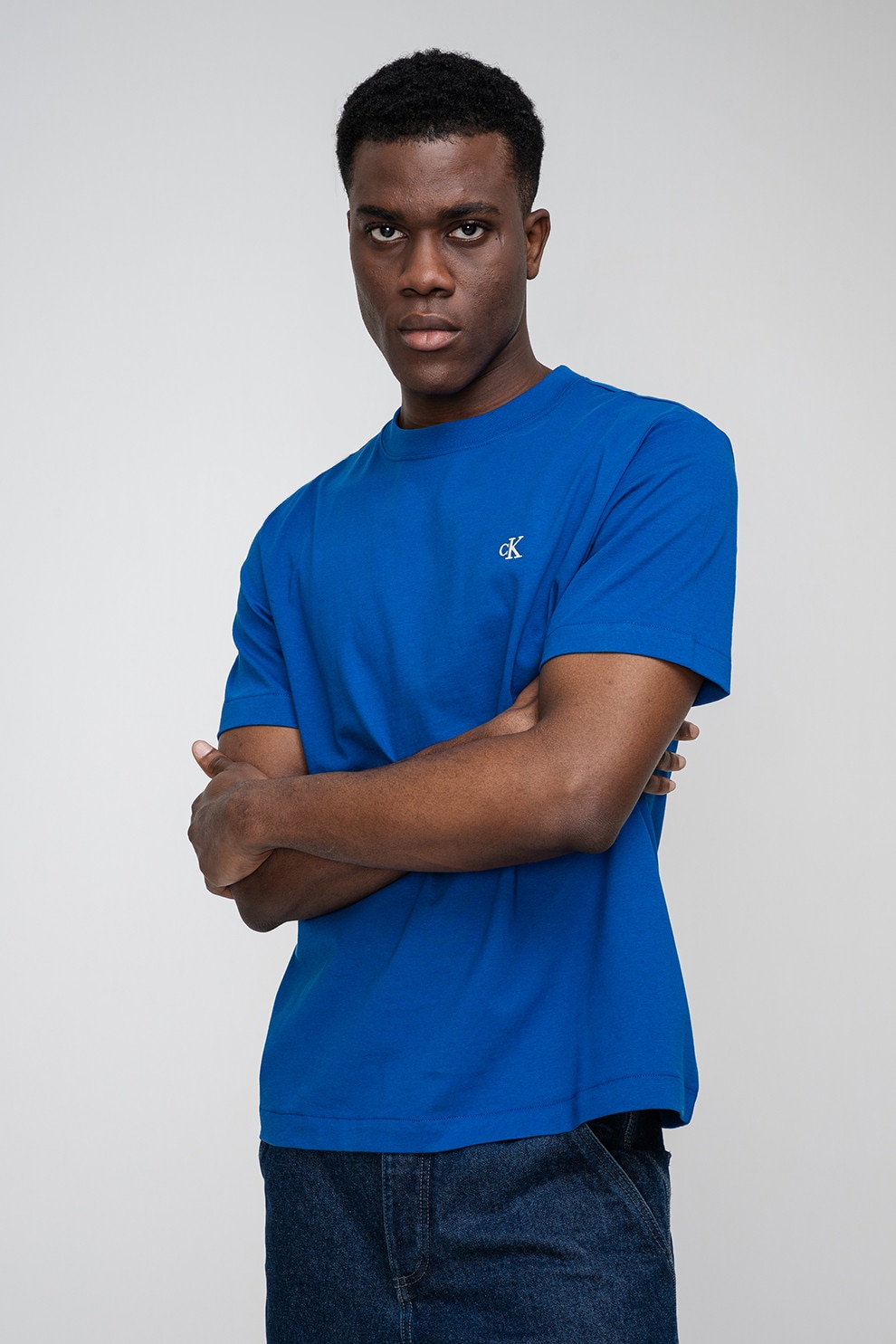 CALVIN KLEIN JEANS, Tricou din bumbac cu decolteu la baza gatului, Albastru royal, S