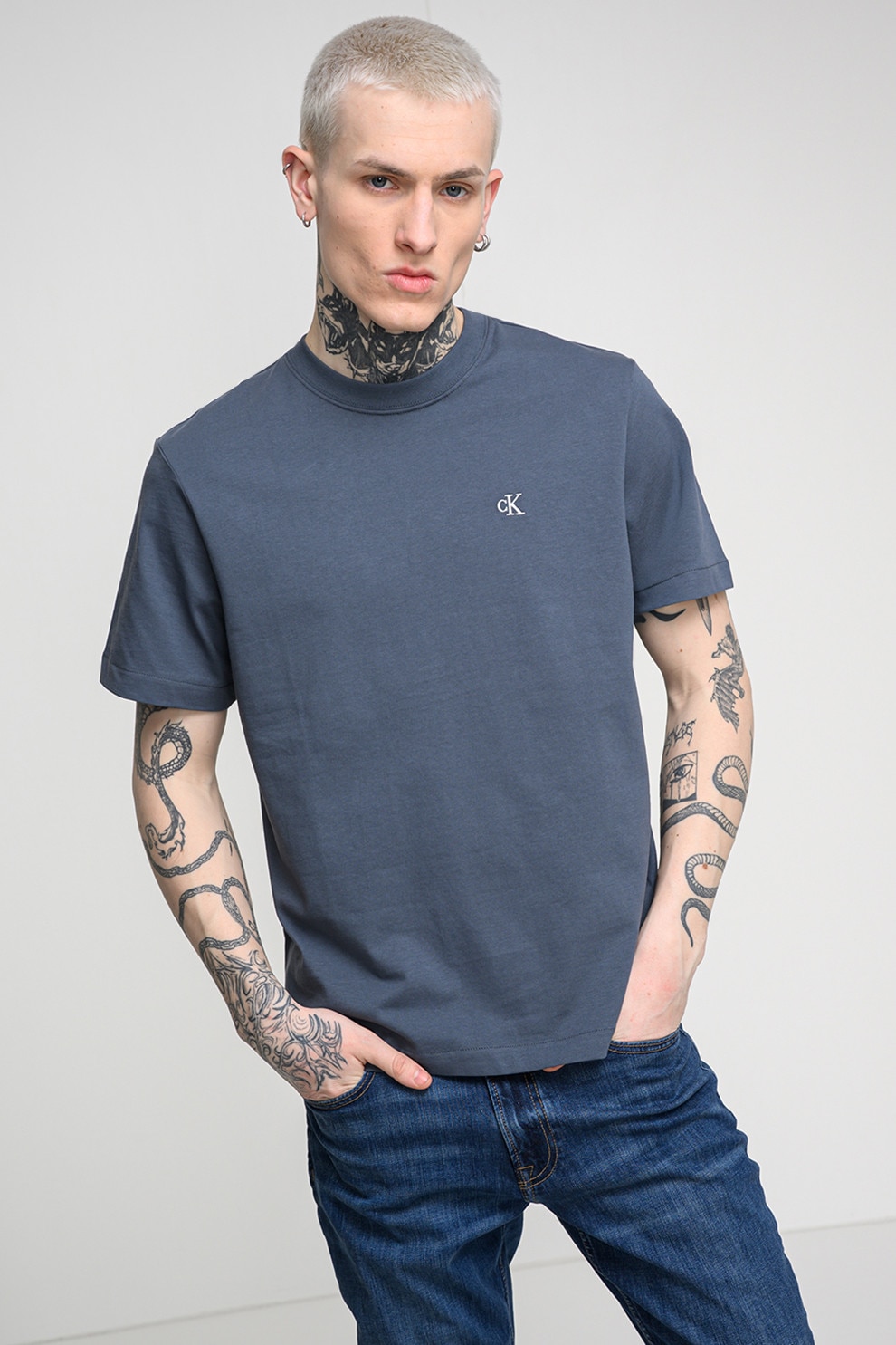 CALVIN KLEIN JEANS, Tricou din bumbac cu decolteu la baza gatului, Albastru prafuit, M