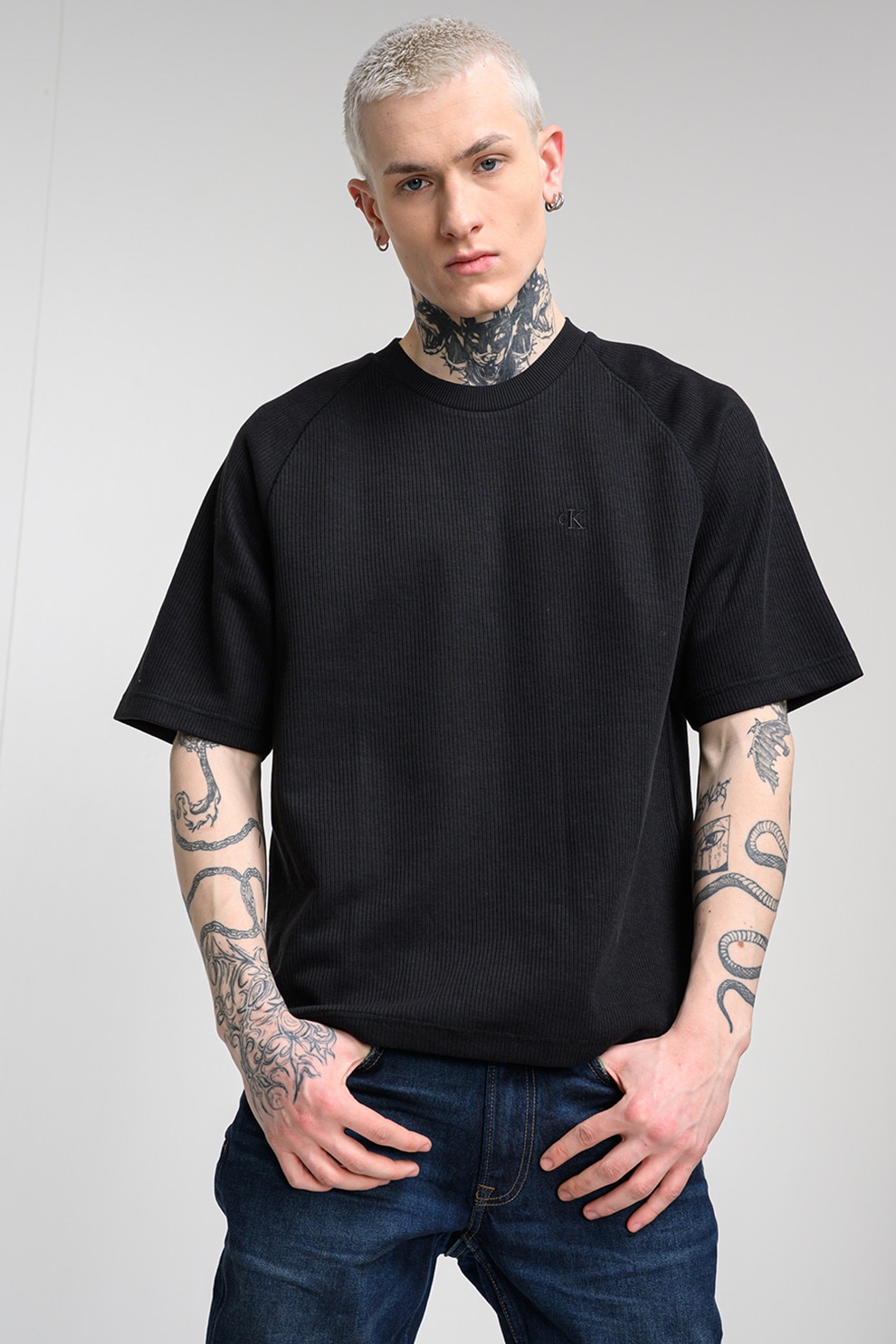 CALVIN KLEIN JEANS, Tricou striat cu maneci raglan, Negru, XL